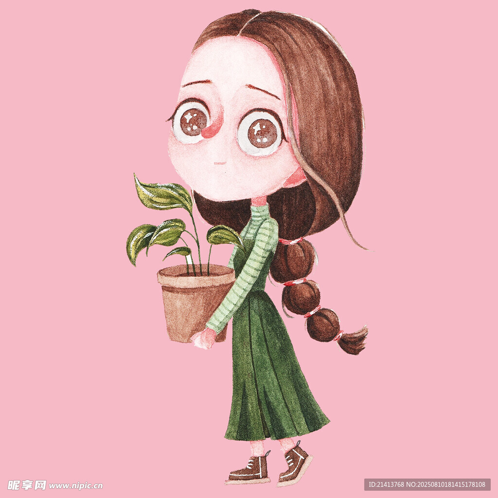 抱绿植的可爱女孩