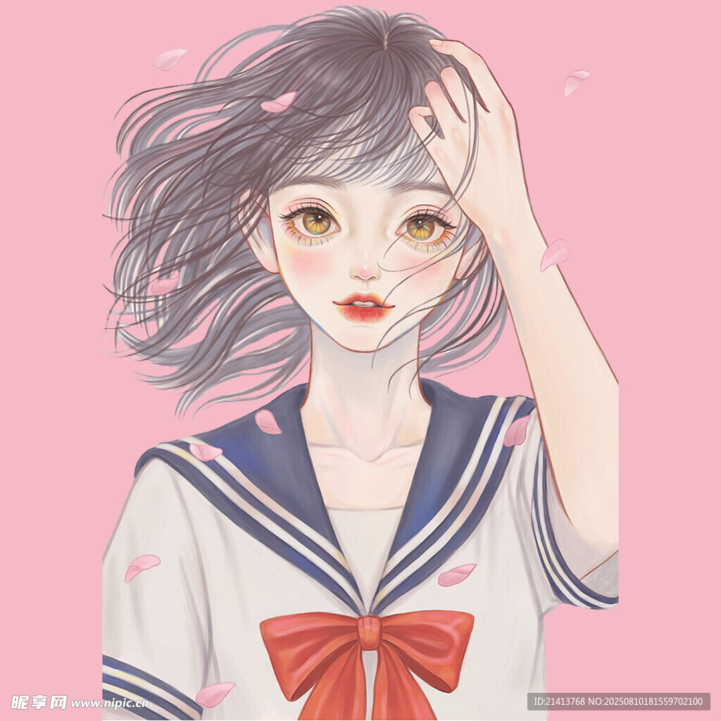 粉色系水手服少女插画
