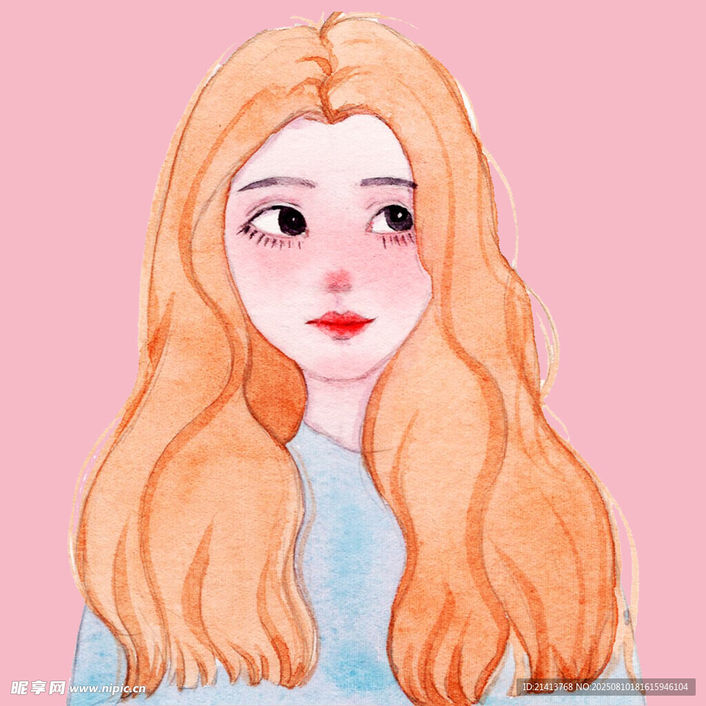 长发女孩水彩风插画