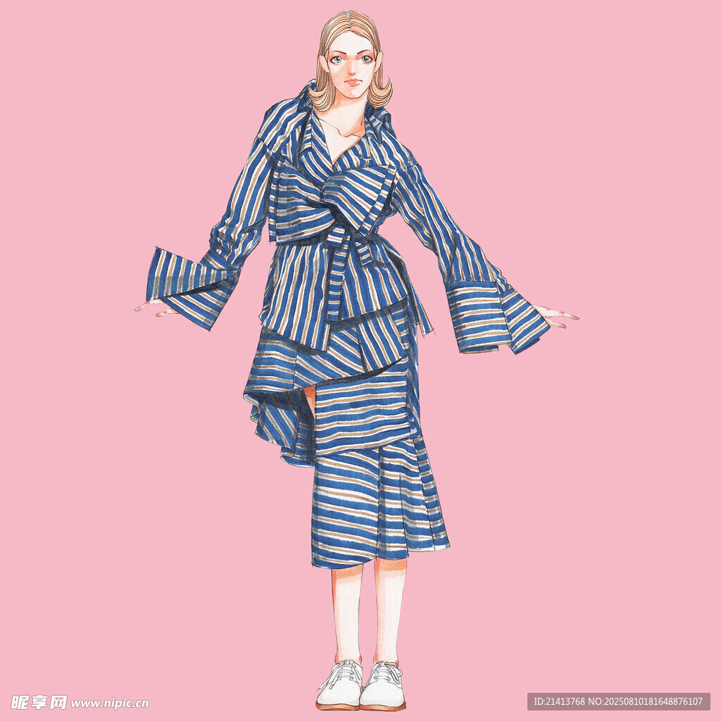 蓝条纹时尚连衣裙模特展示