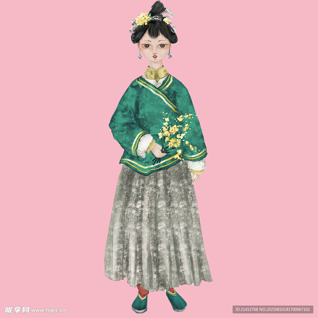 古典装扮女子 绿衣配长裙