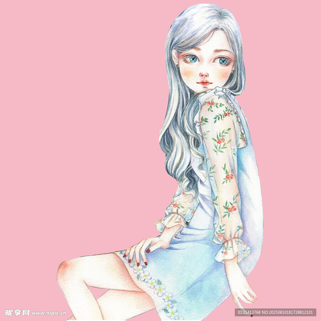 蓝发女孩的时尚插画