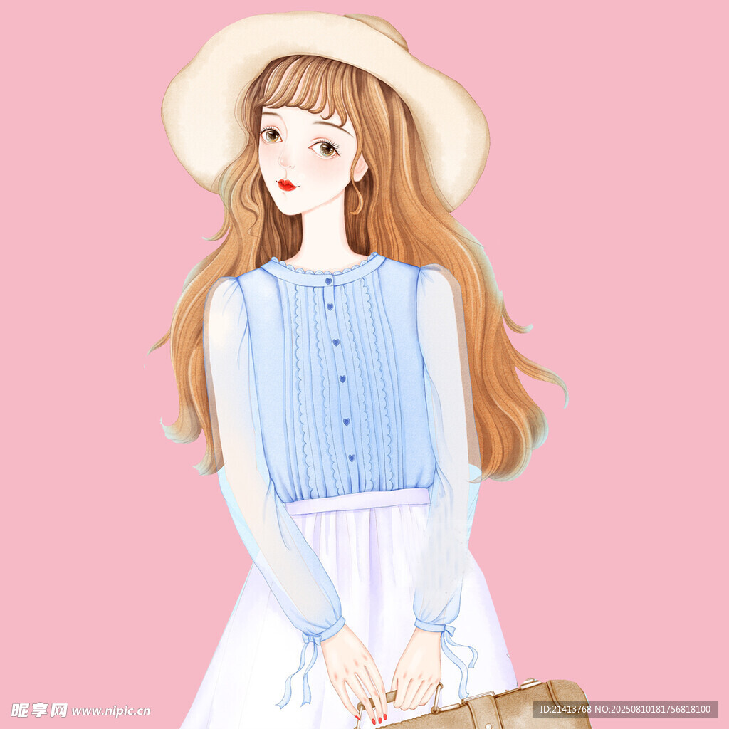 甜美长发少女手提草编包
