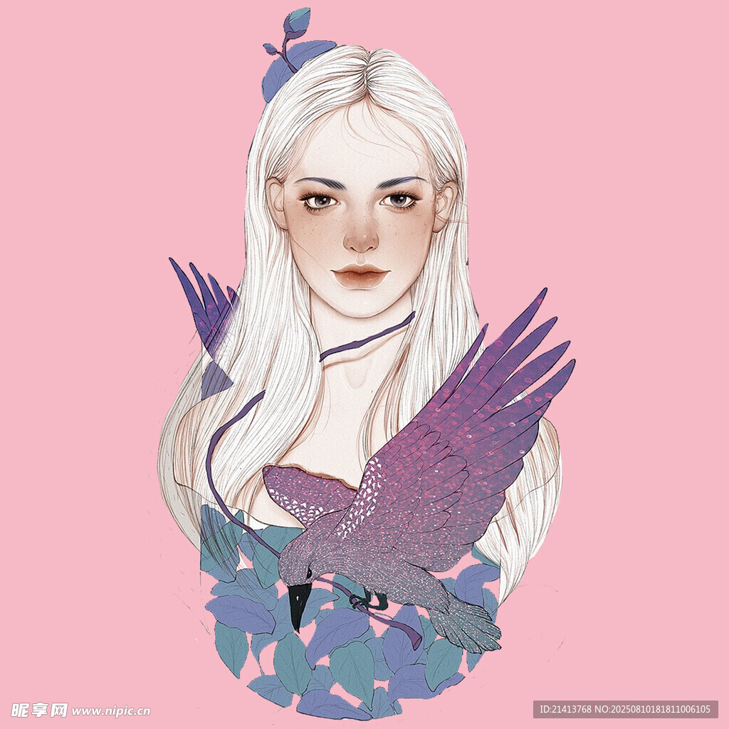 白发羽饰少女插画