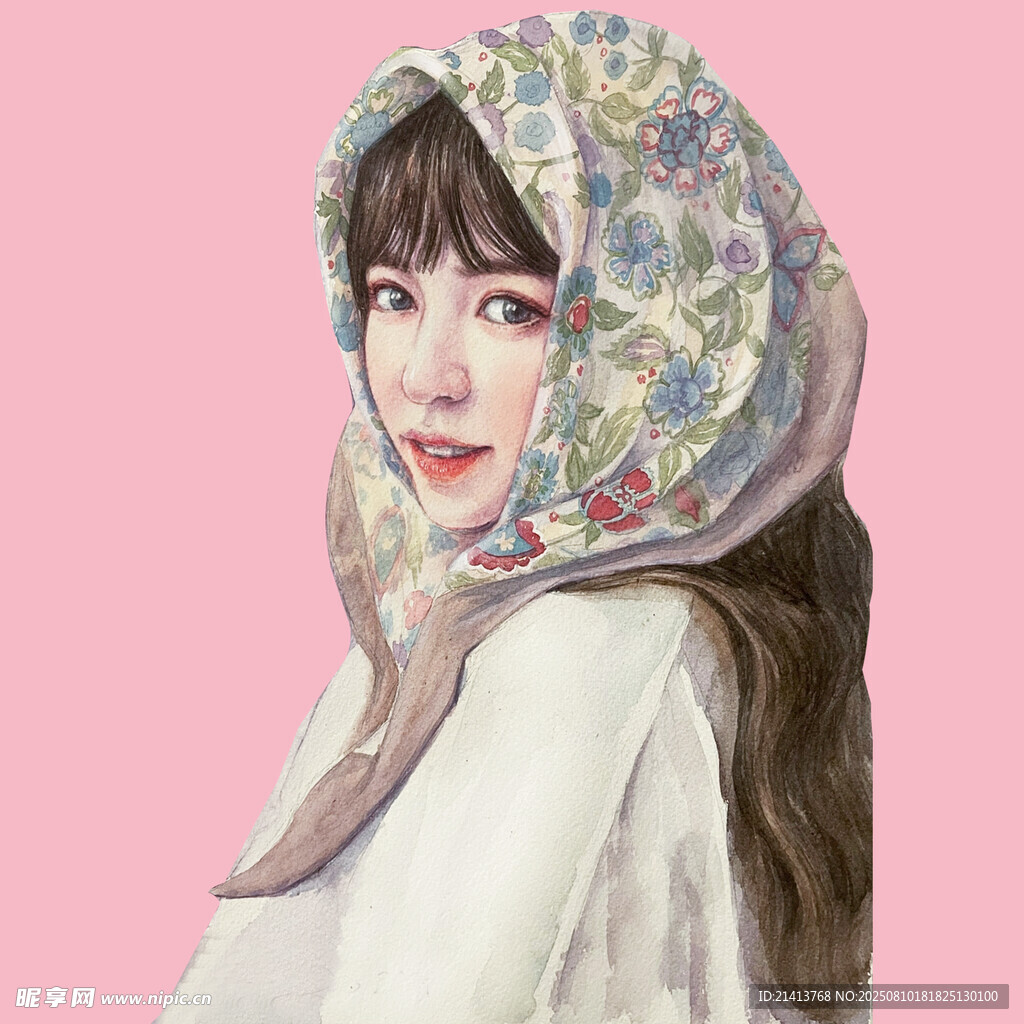 头戴花头巾的优雅女子