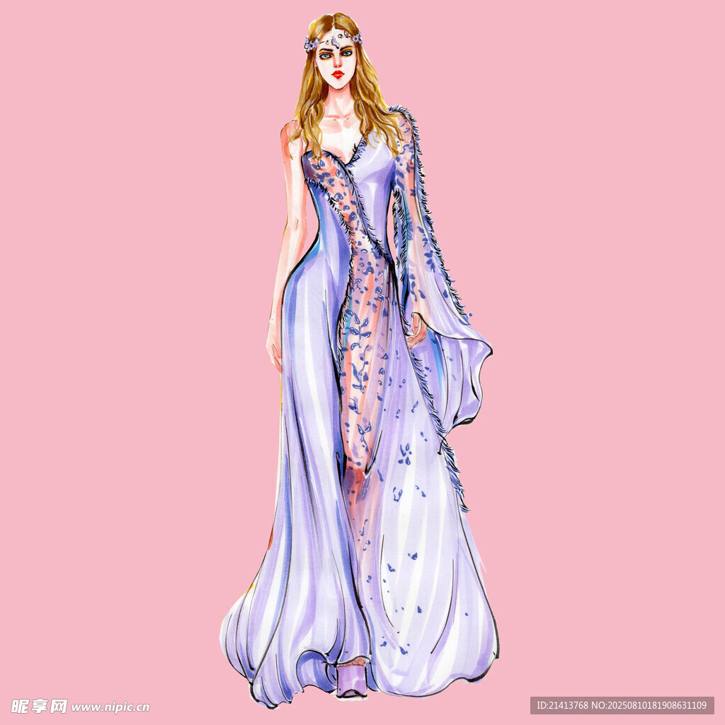 梦幻紫色长裙美女插画