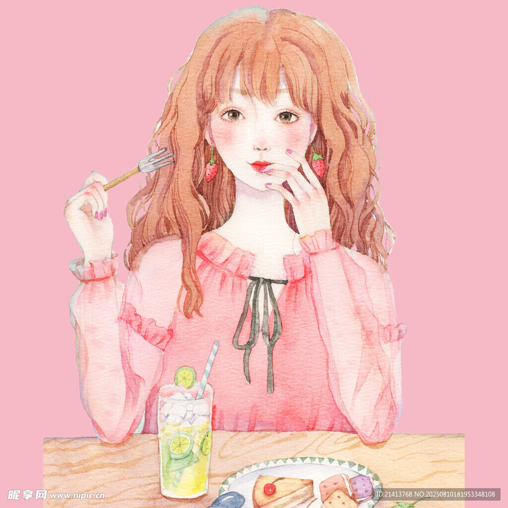 粉色系少女用餐插画