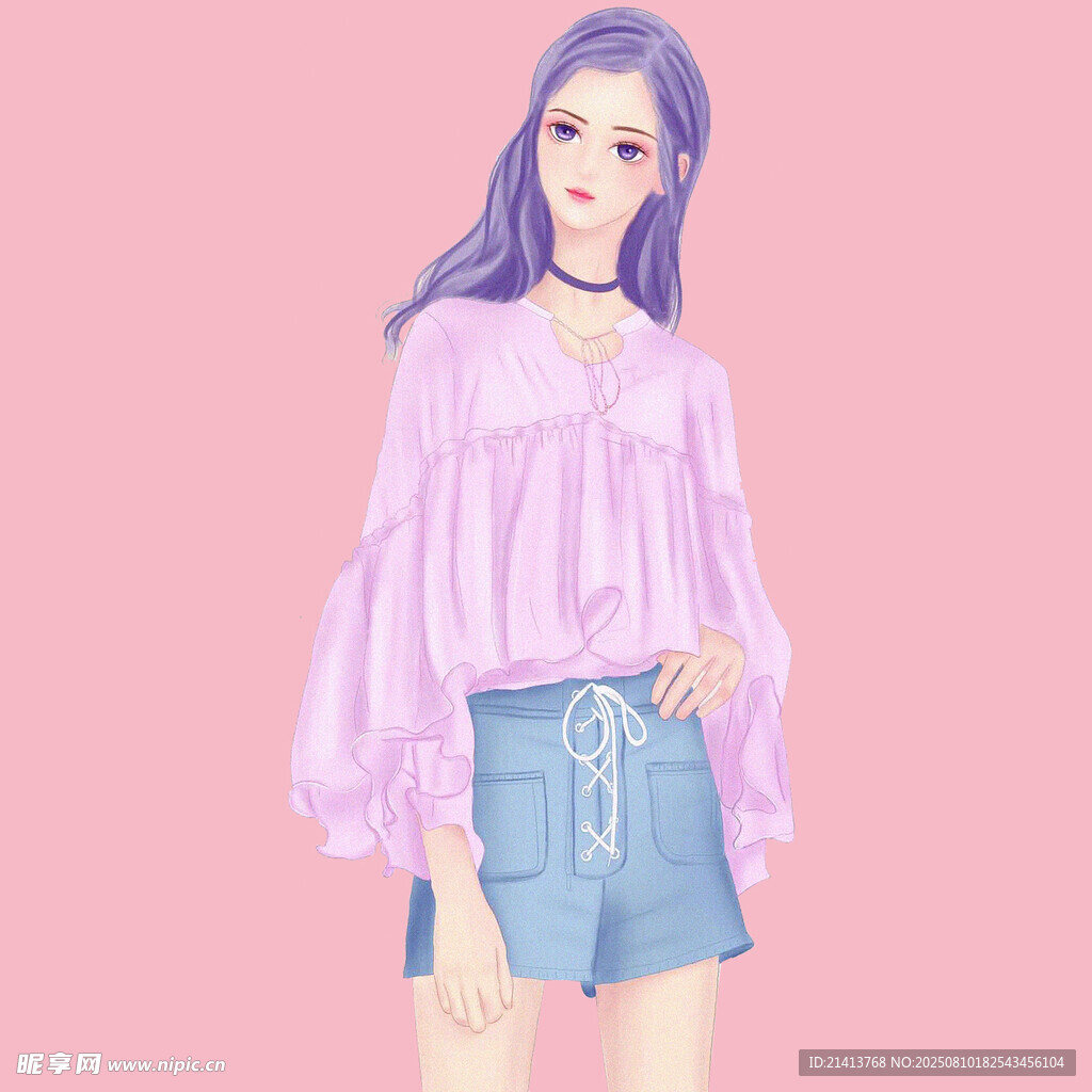 紫色上衣搭配牛仔短裤女孩