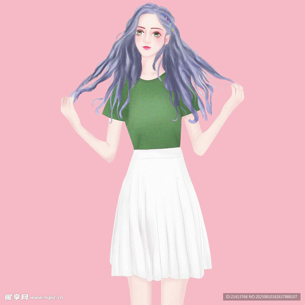 蓝发少女身着绿上衣白裙