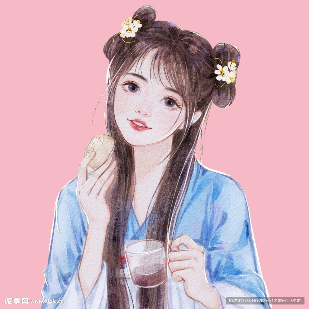 古风少女手持饮品赏点心