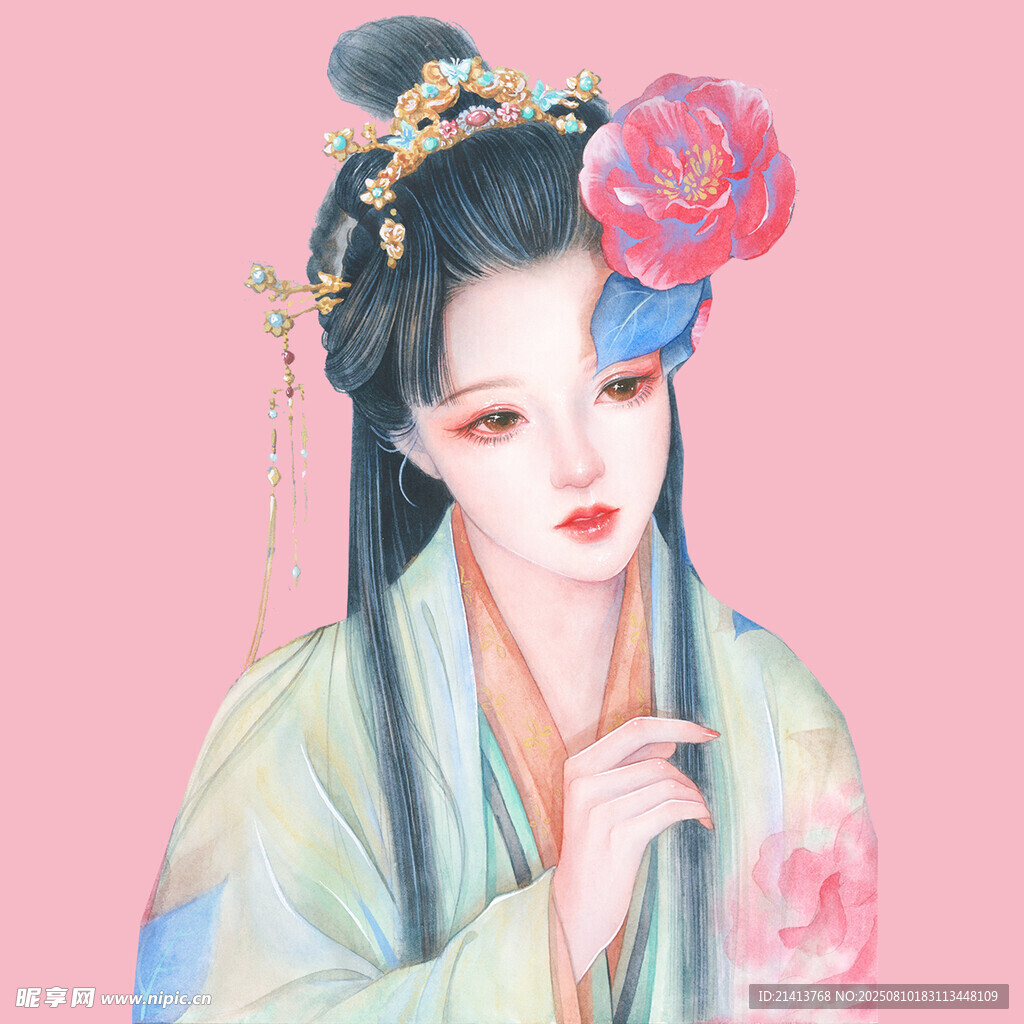 古风美人持花半遮面