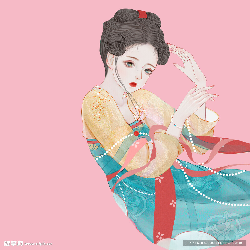 古风唐装女子优雅抚扇