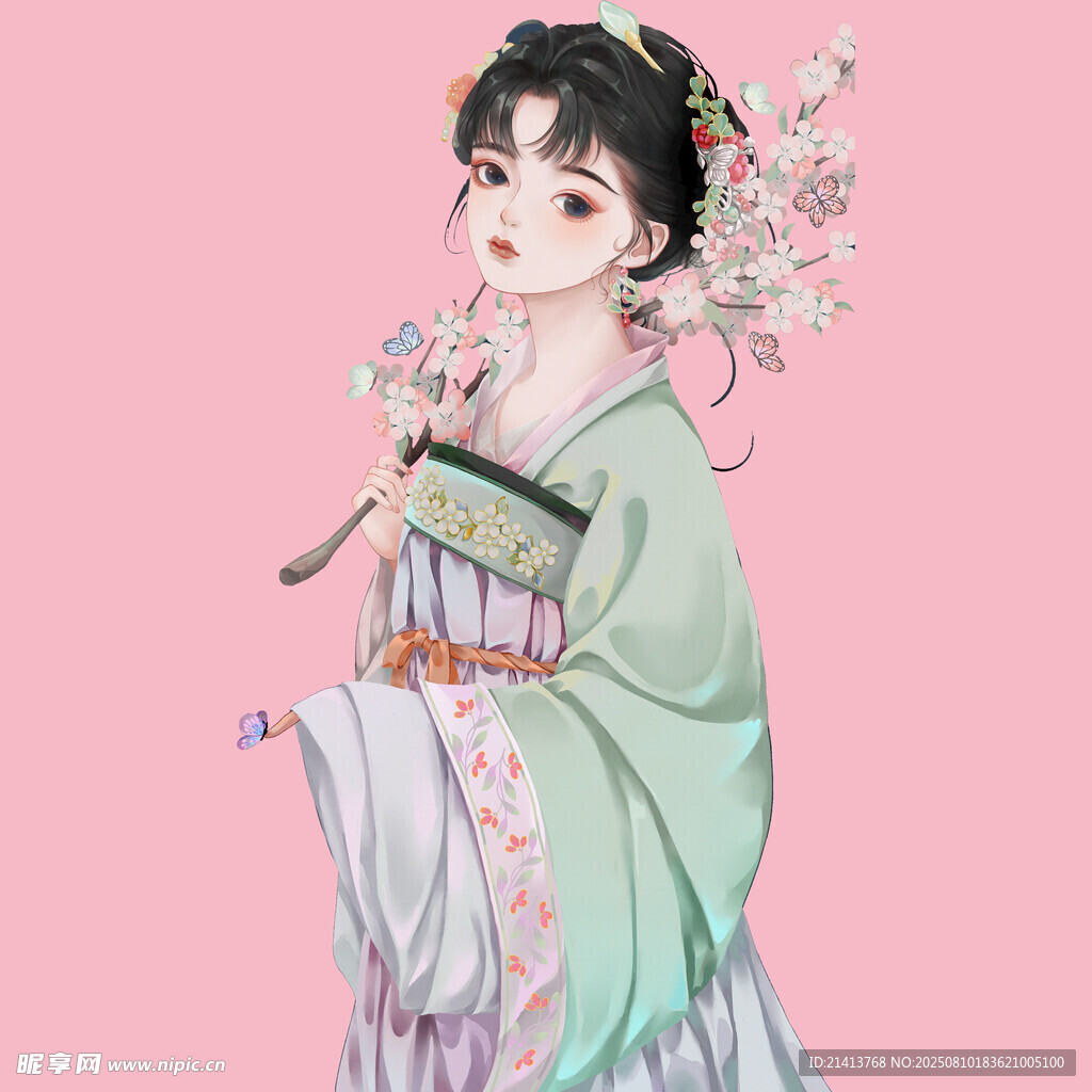 古风汉服女子手持花枝