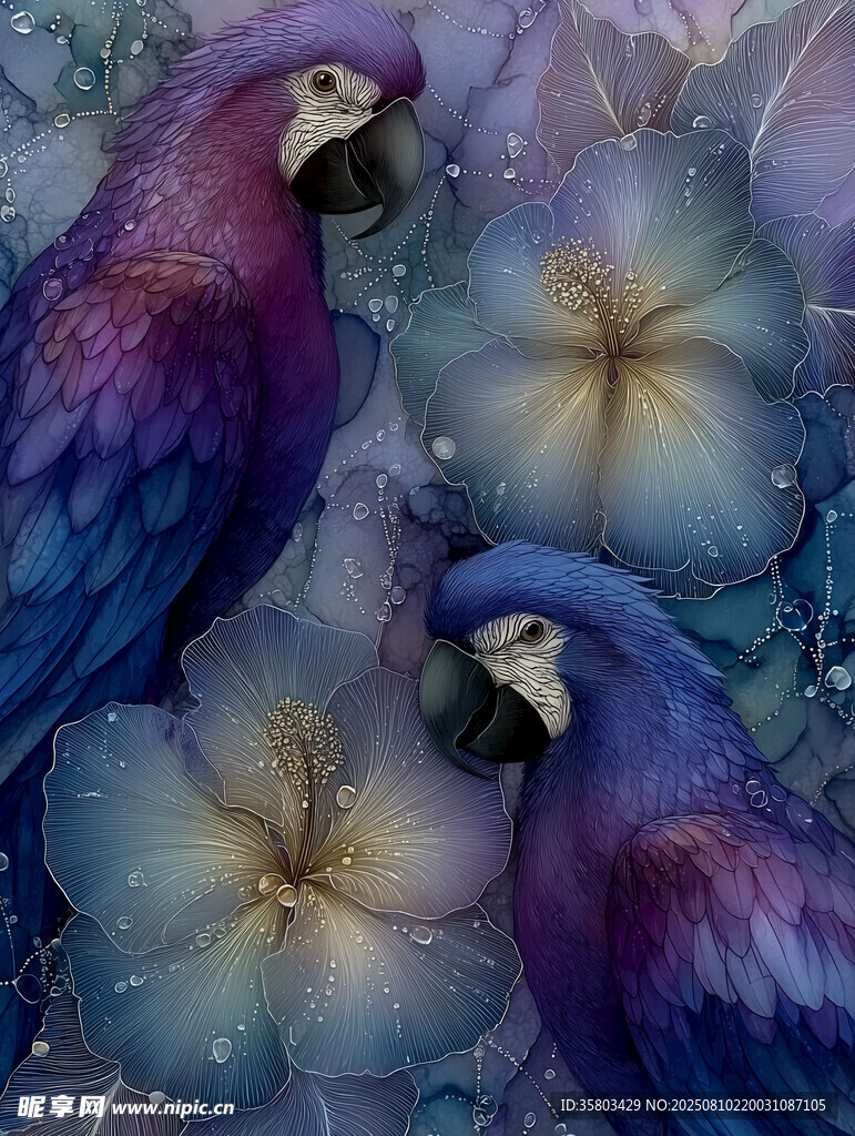 蓝紫色鹦鹉与花卉画面