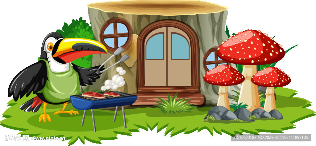 童话风小屋旁的奇妙动物