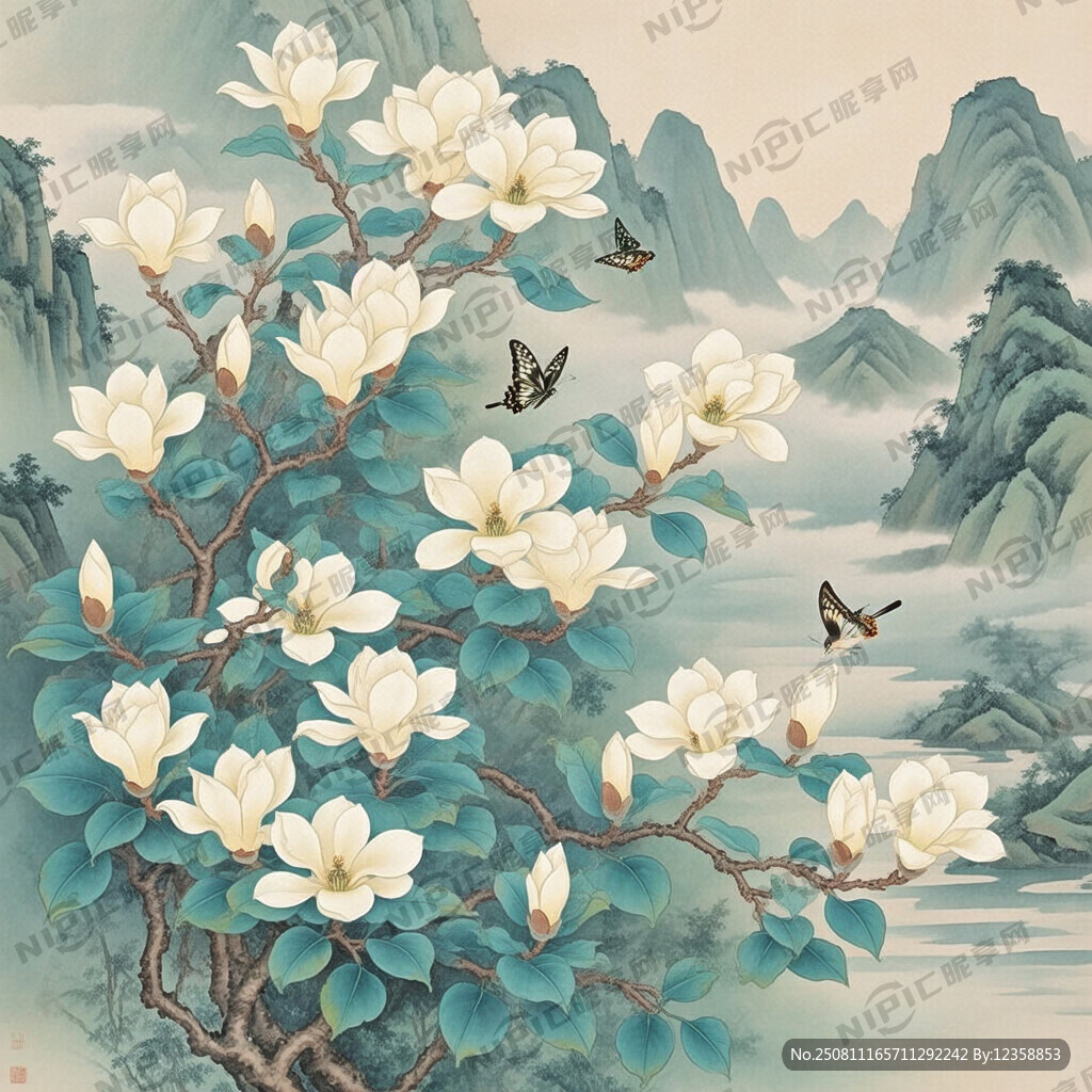 玉兰花  国画 工笔画风格 鸟