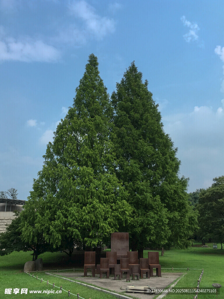 高大树木下的红砖建筑景观