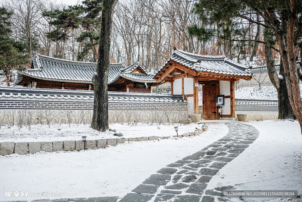 雪覆古建庭院静谧之景