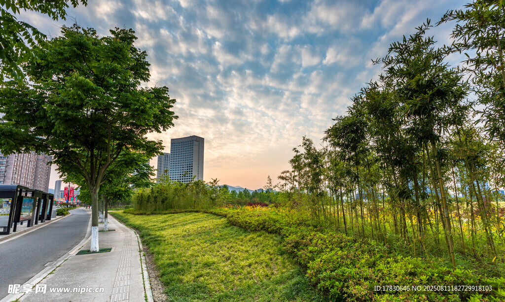宁波宁海日落城市建筑风光