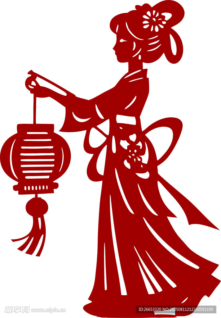 古典女子提灯笼剪纸艺术