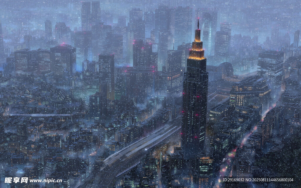 繁华都市夜景中的高耸建筑