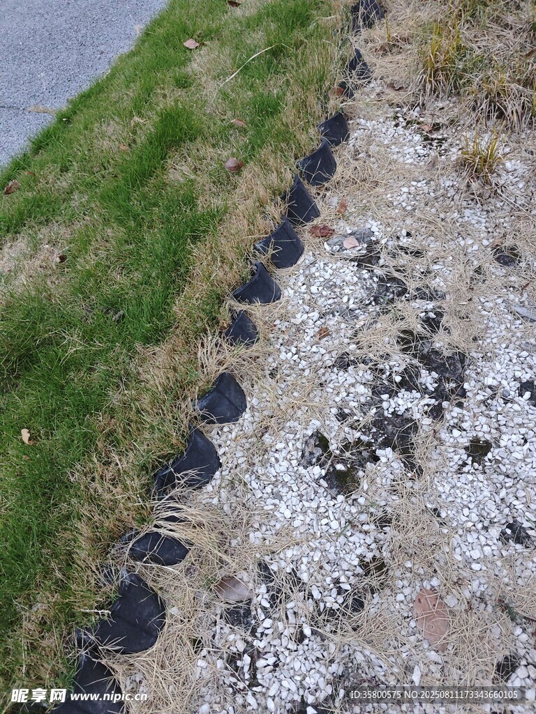路边草地旁的黑色圆形物体