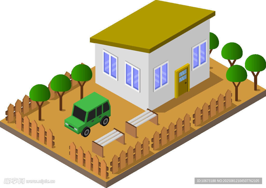 简约风格小屋与绿色车辆