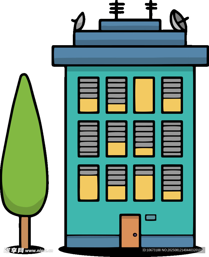 蓝色多层建筑与绿树