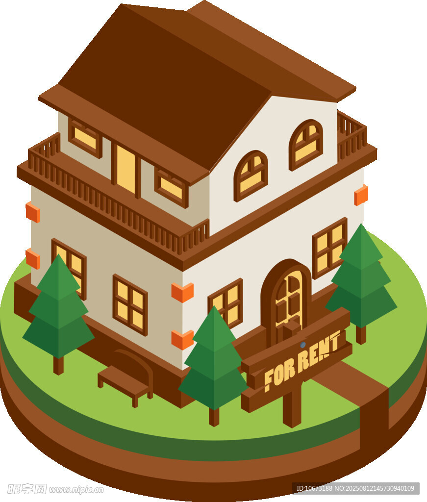 两层小屋带绿植与招牌
