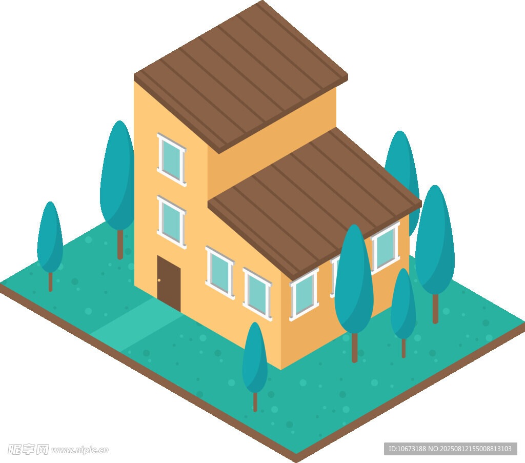 两层小屋周边绿树环绕