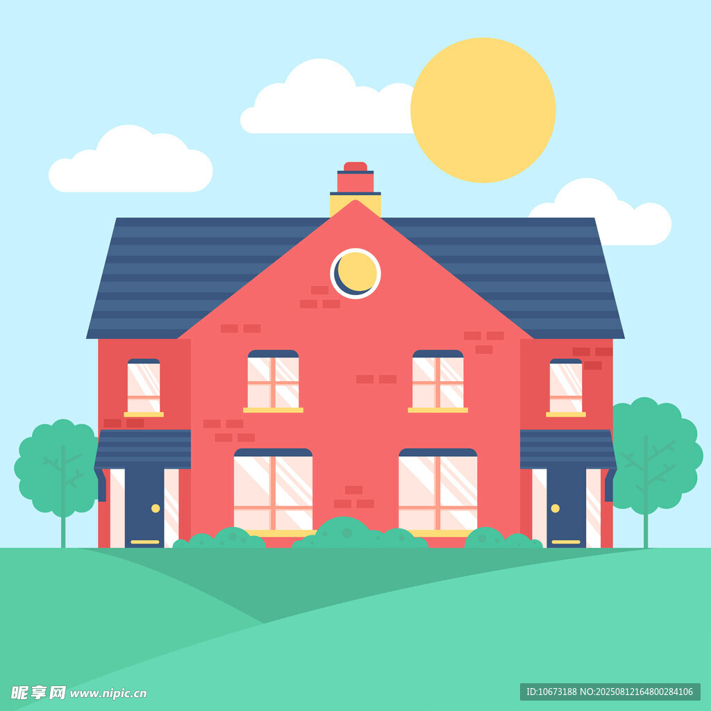 乡村红顶小屋阳光绿树环绕