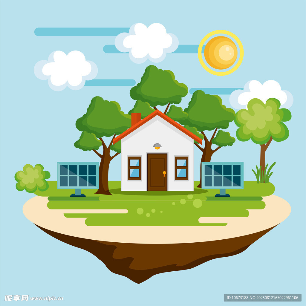 悬浮绿岛上的太阳能小屋