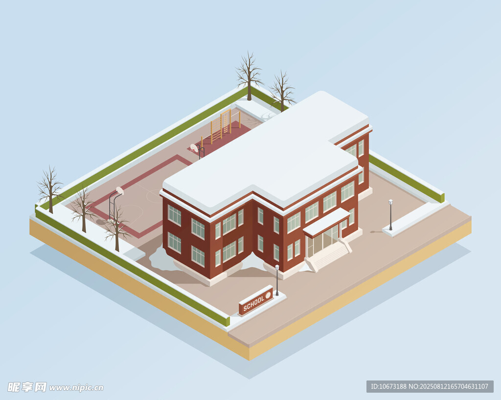 冬日雪景中的红砖建筑