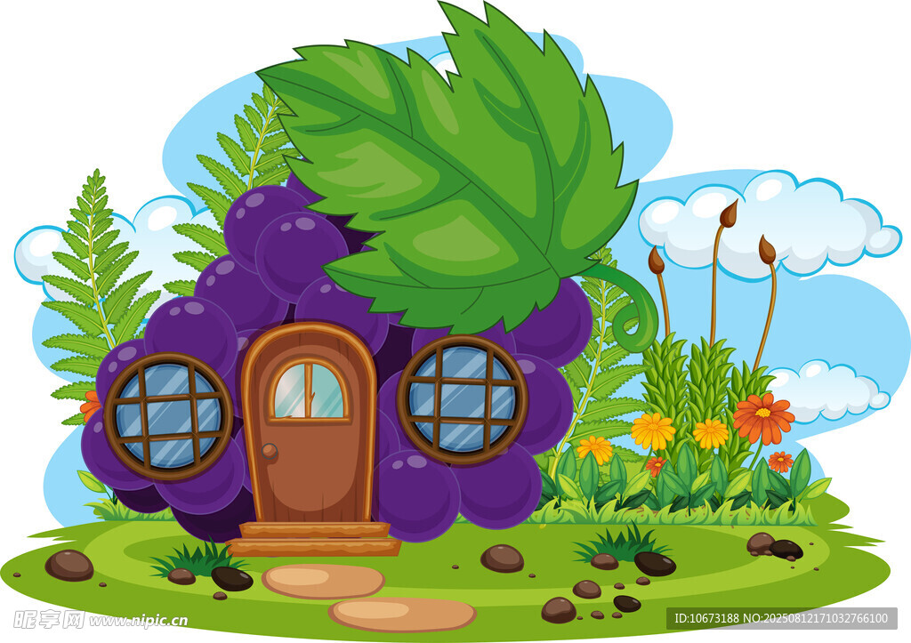 童话风紫色小屋绿植环绕