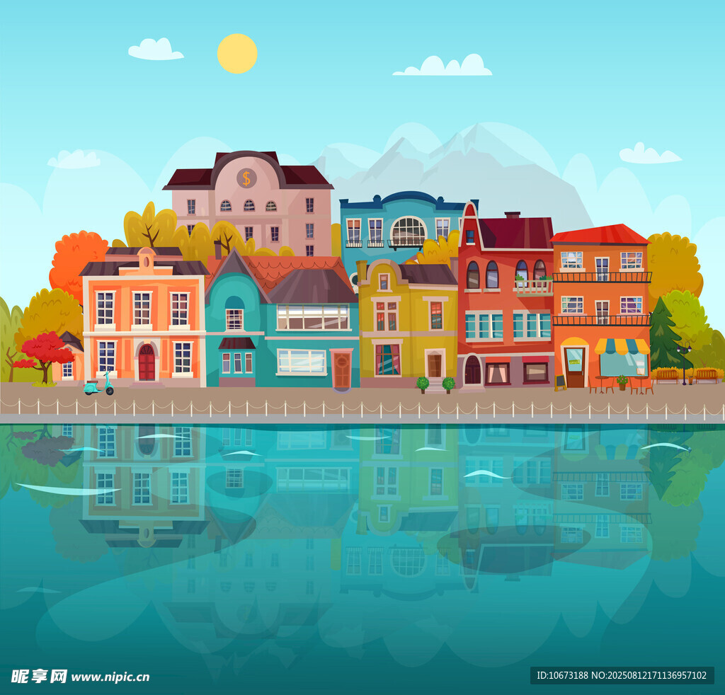 河畔多彩建筑风景图