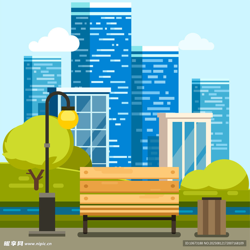 城市公园长椅与现代建筑景观