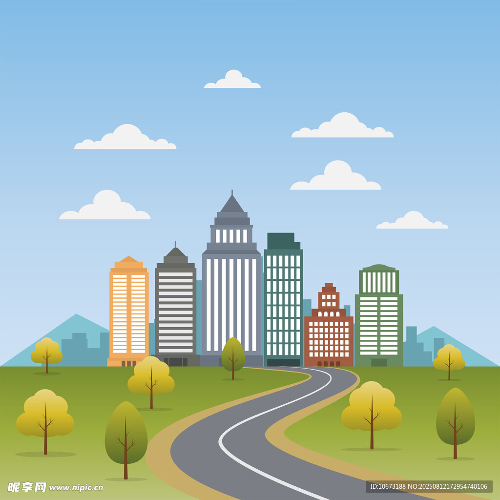 城市道路旁的多彩建筑景观