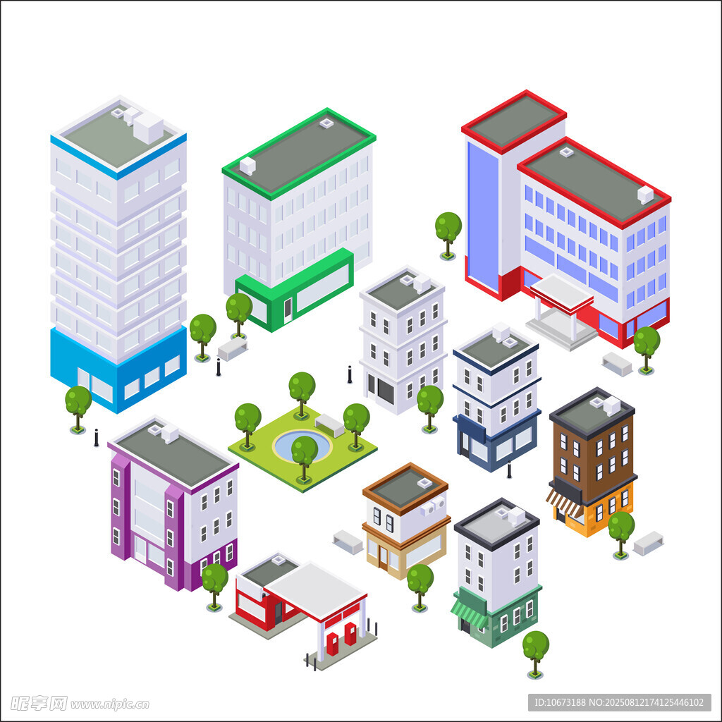 城市建筑等距风格插画
