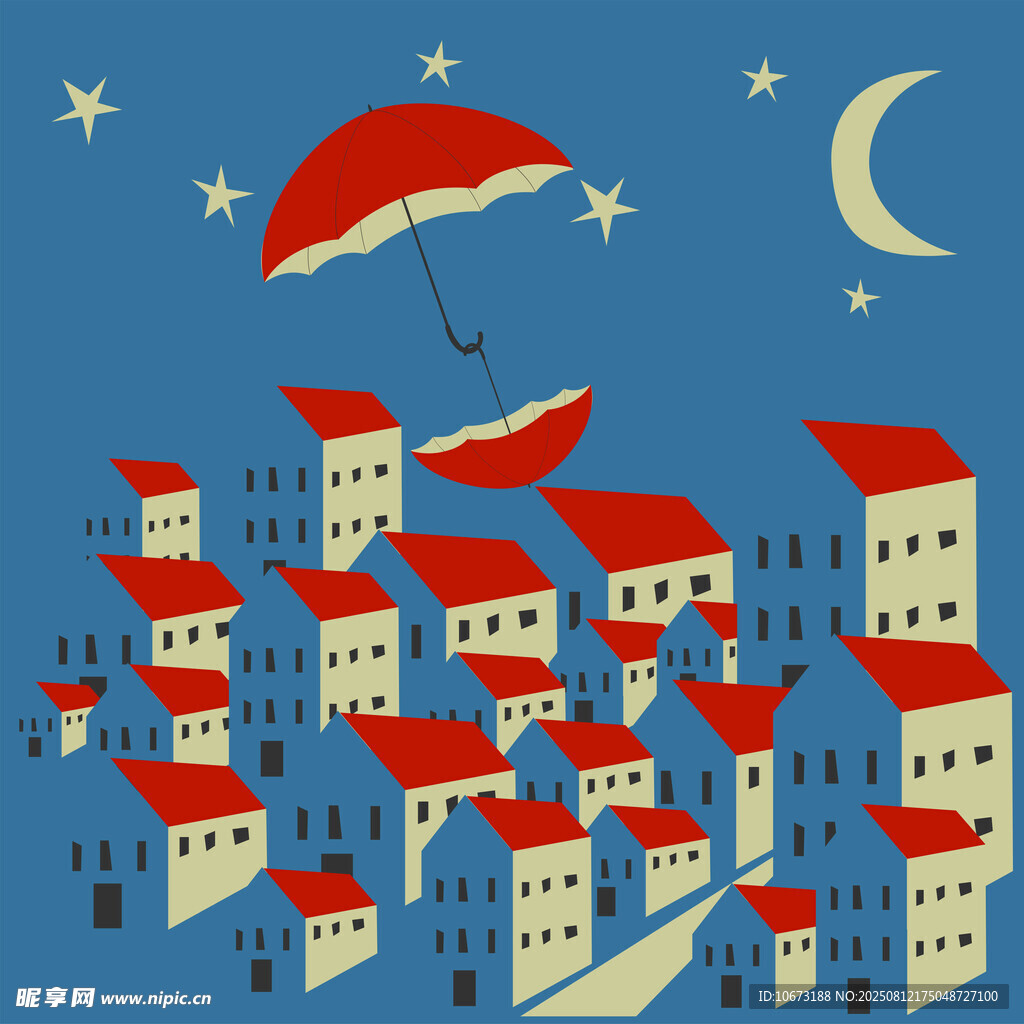 夜空中漂浮房屋的奇幻景象