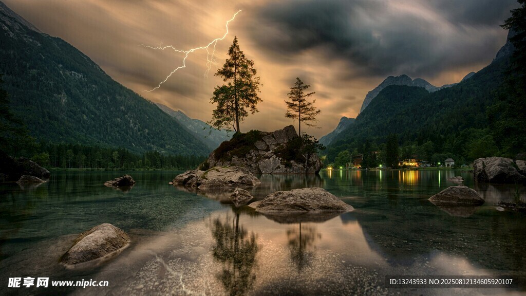 湖畔孤树映黄昏美景