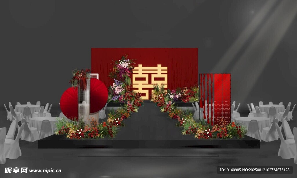 简约红色囍字婚礼主舞台效果图