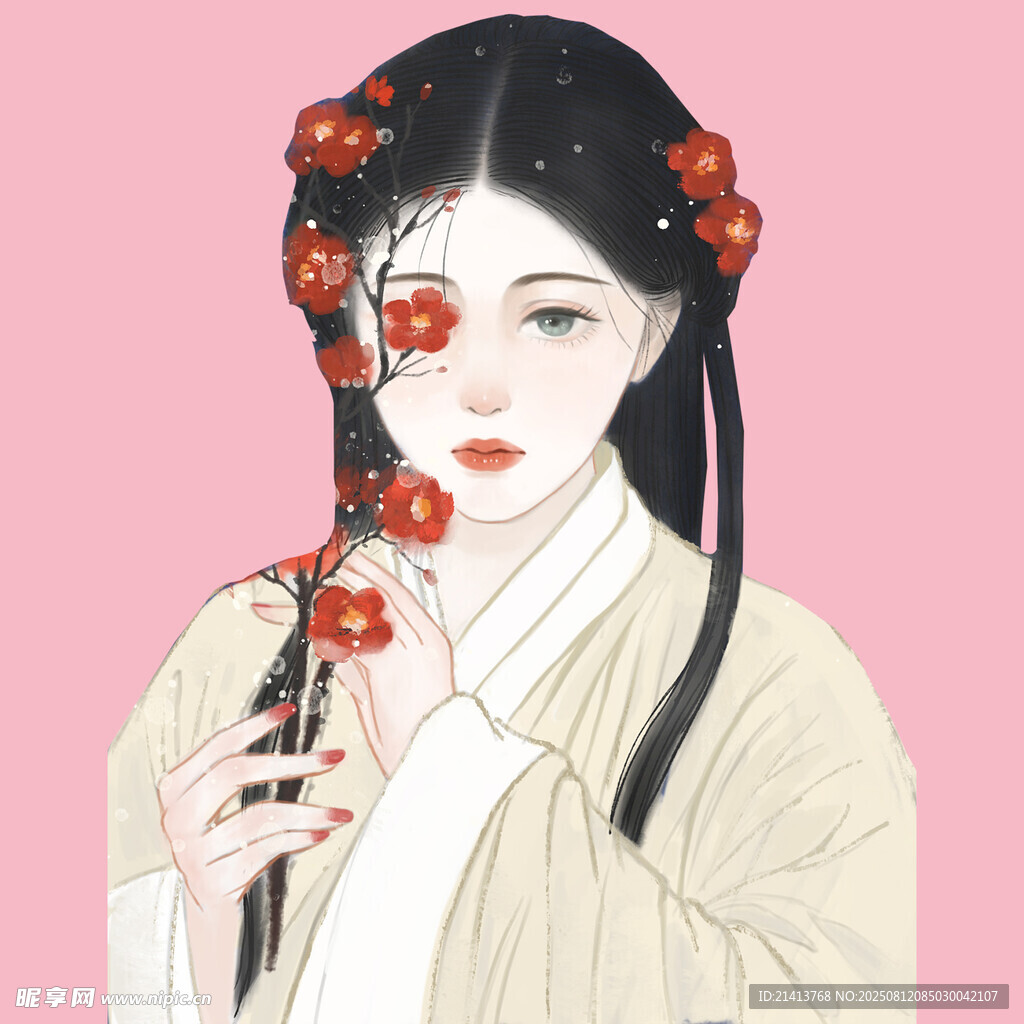 古风女子手持红果簪花