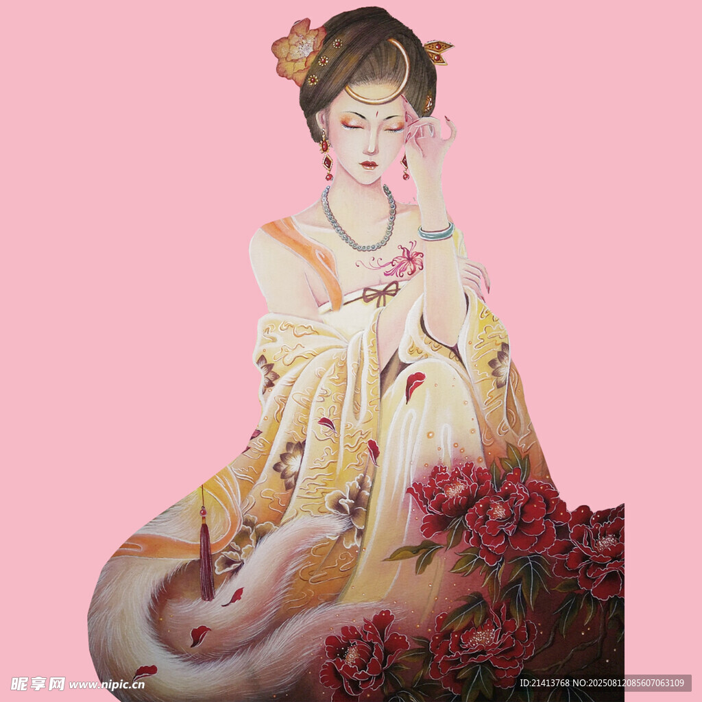 古风美人倚花优雅端坐