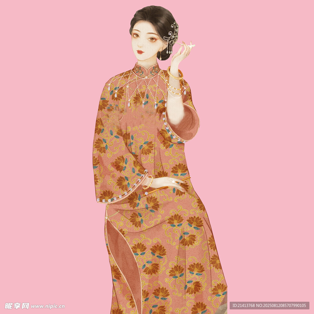 复古旗袍女子优雅姿态