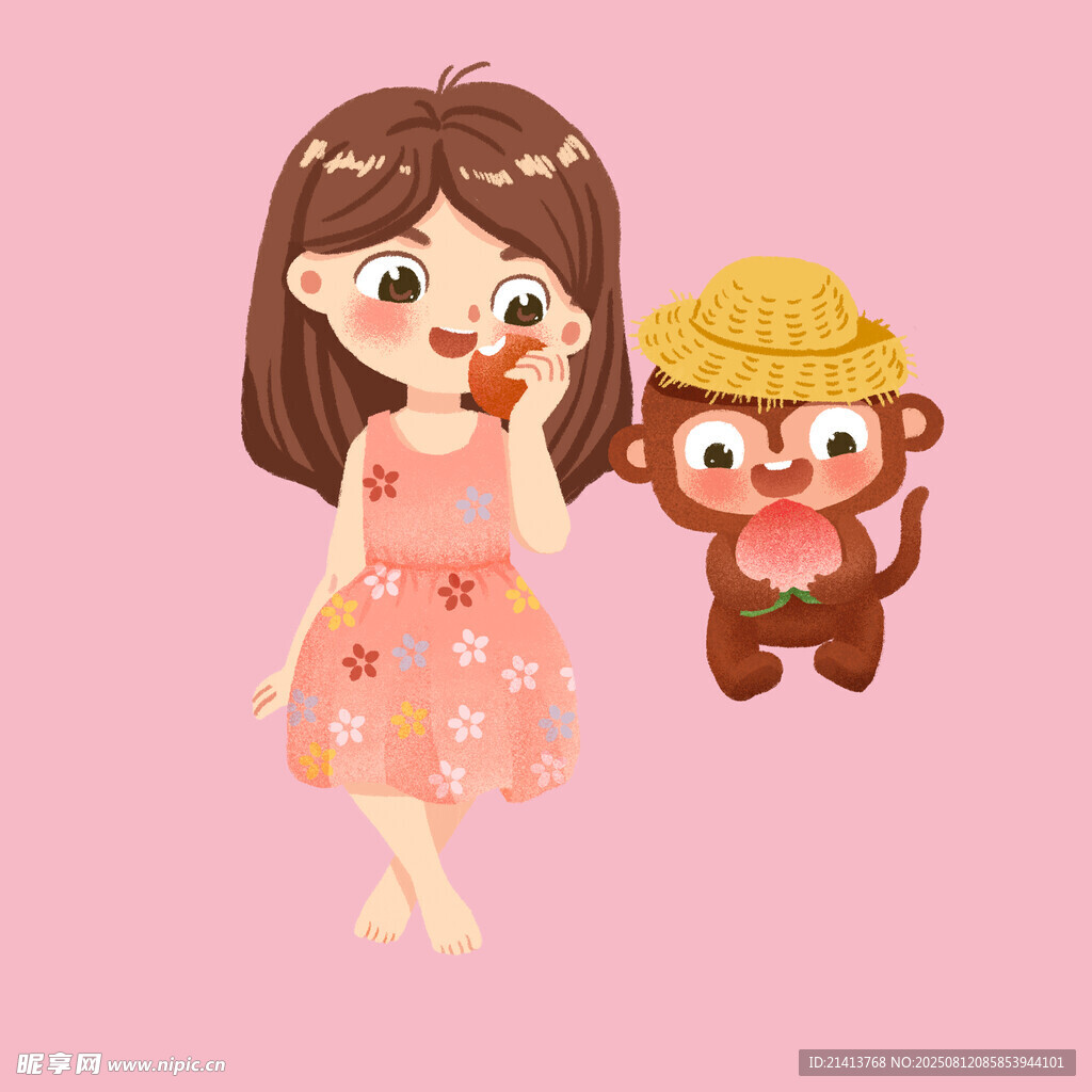 女孩与戴帽小猴的温馨画面