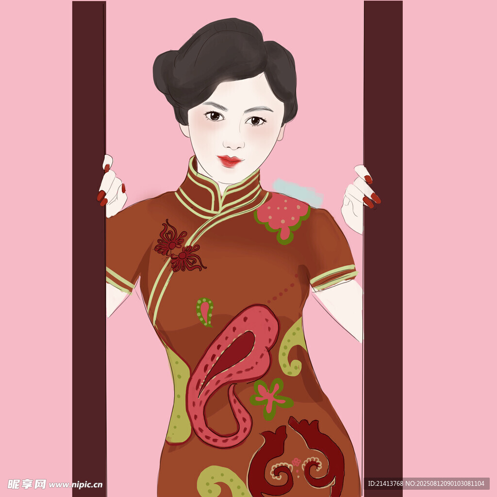 复古旗袍女子优雅姿态