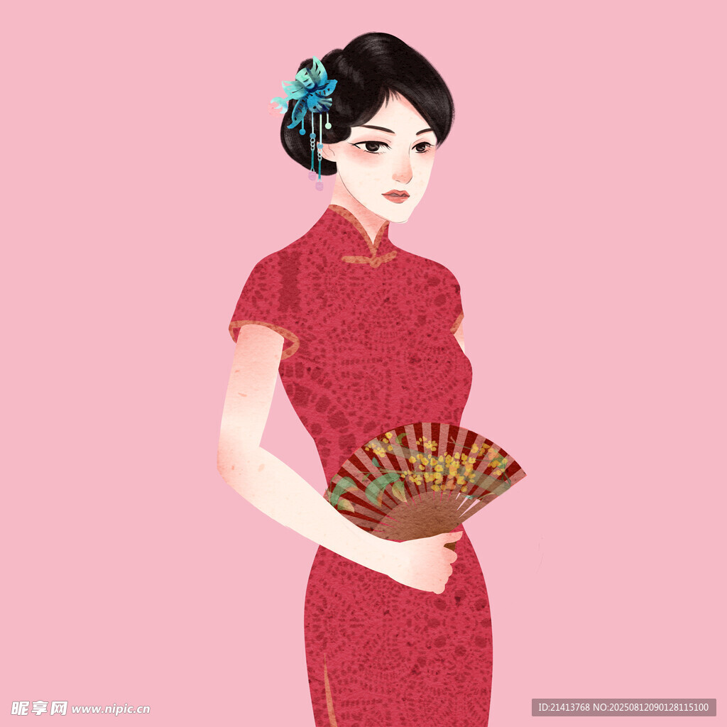 古典旗袍女子手持折扇