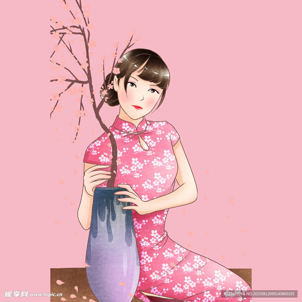 旗袍女子与瓶中花枝