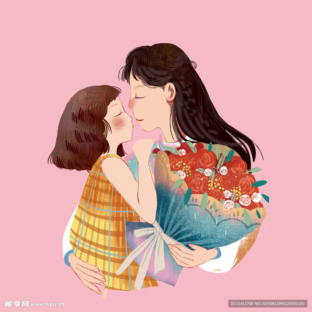 女儿献花亲吻母亲