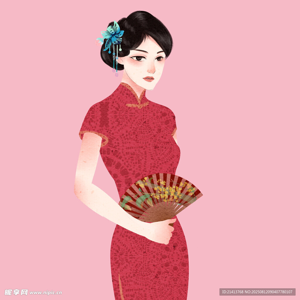 身着旗袍持扇的优雅女子